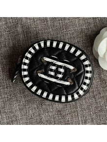 Chanel Calfskin Stripes Trim Classic Zipped Coin Purse Black