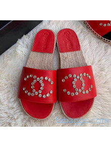 Chanel Leather Crystal CC Slider Espadrilles Sandals Red 2020