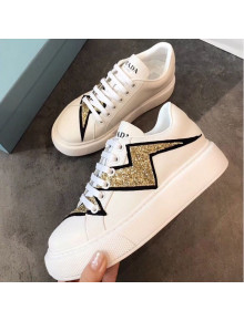 Prada Calfskin Glitter Lightning Sneakers White/Gold 2019