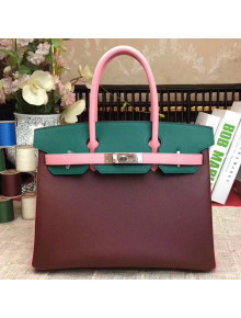Hermes Original Multicolor Togo Leather Birkin 25/30/35 Handbag Pink/Green/Burgundy (Gole-tone Hardware)