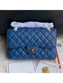 Chanel Small Classic Quilted Iridescent Grained Calfskin Flap Bag Blue 2019