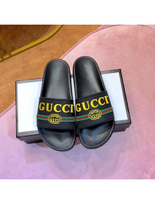 Gucci Flat Logo Rubber Slide Sandal 525140 Black/Yellow 2019(For Women and Men)