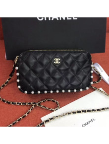 Chanel Quilted Calfskin Pearl Clutch with Chain Black 2020