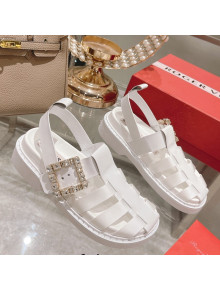 Roger Vivier Rangers Calf Leather and Fabric Strap Sandals White/Crystal 2022