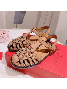 Valentino Rockstud Woven Calf Leather Flat Sandals Brown 2022 0323152