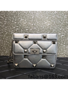Valentino Medium Roman Stud The Shoulder Bag in Metallic Grainy Leather 1129S Silver 2022