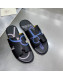 Hermes Men's Izmir Print Leather Flat Slide Sandals Black/Blue 2021 27