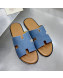 Hermes Men's Izmir Denim Flat Slide Sandals Blue/Brown Leather 2021 46