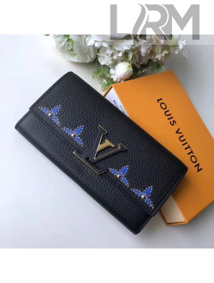 Louis Vuitton Studs Monogram Flowers Taurillon Leather Capucines Wallet M63211 Noir/Blue 2018