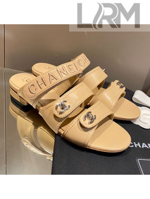 Chanel Lambskin Embroidered Strap Flat Sandals Apricot 2021