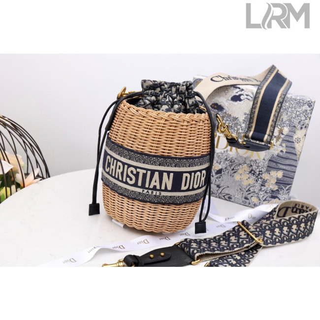 Dior Wicker Bucket Bag in Blue Oblique Jacquard and Natural Wicker 2021