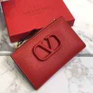 Valentino VLogo Signature Grainy Calfskin Cardholder with Zipper Wallet Red 2021